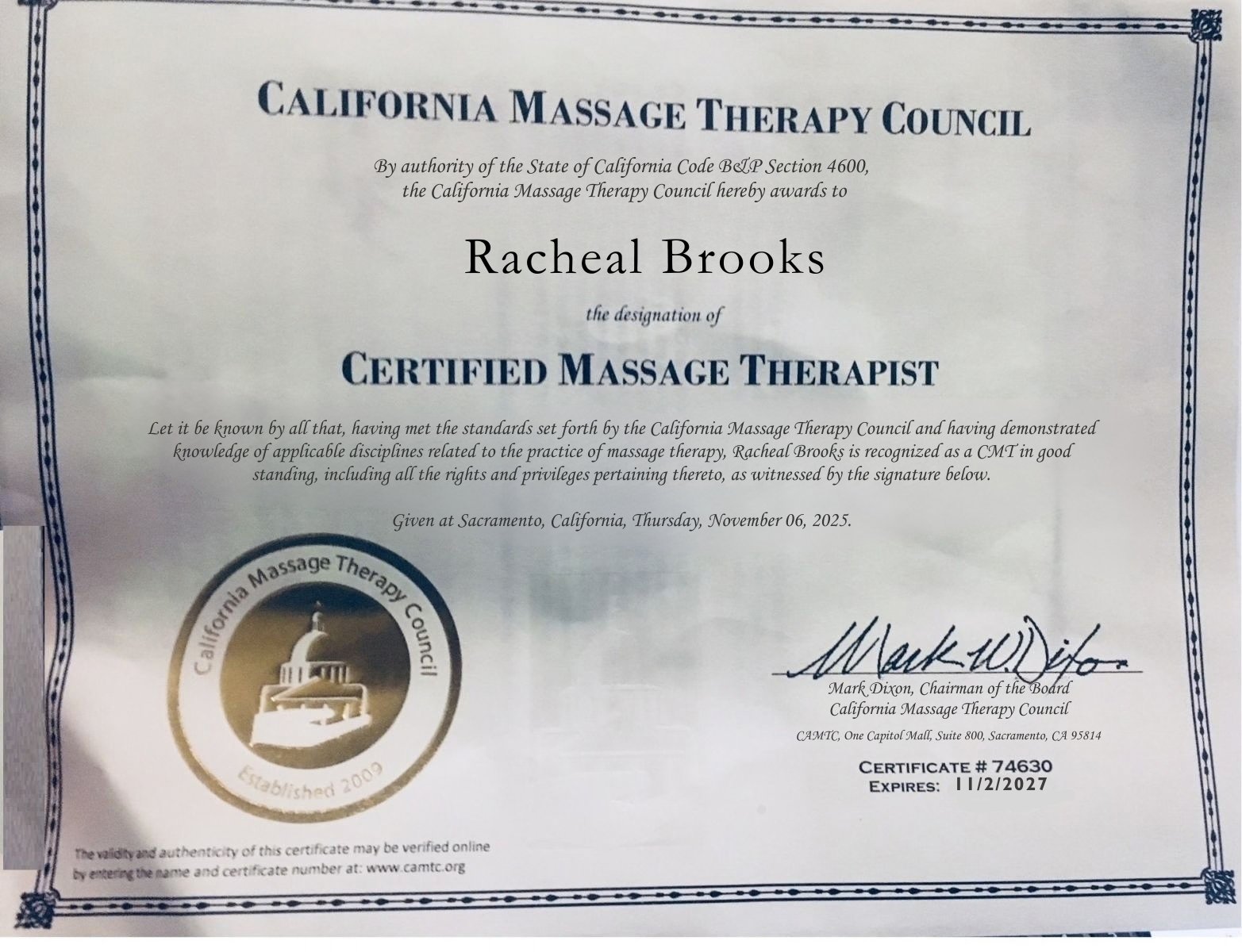 Racheal Brooks CAMTC certification